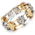 Men's titanium steel bracelet with gold and silver wolf head bicycle chain links - Lion Head Gold Silver Style (KB73541-BD)