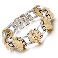 Men's stainless steel bicycle chain bracelet featuring golden lion head accents - Lion Head Silver Gold Style (KB73543-BD)