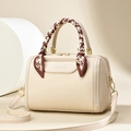 Chic beige Boston bag with lychee texture, silk scarf handles and adjustable strap - Off-white
