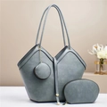 Detailed set of three grey-blue PU leather handbags with golden hardware and V-shaped tote design - Three-Piece Set / Green