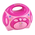 Pink toy dictaphone for kids with top handle and colorful flower stickers - Radio Toy