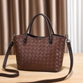 Classic dark brown woven faux leather tote bag with dual handles and long shoulder strap - Coffee