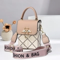 Elegant beige and pink quilted crossbody bag with heart buckle and wide fabric strap - Khaki