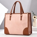 Pink matte leather tote bag with geometric stitching and brown contrast leather accents - L33 W11 H26 / Pink