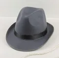 Top view of a classic grey wool felt fedora hat featuring a stylish black ribbon band - 58 One Size / Dark Gray (Short Brim)