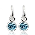 Elegant silver earrings with round blue crystal pendants and polished finish for women - Platinum + Aquamarine