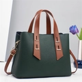 Minimalist dark green lychee leather tote bag with brown handles and golden hardware - Green