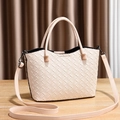 Beige woven texture handbag with dual handles and adjustable shoulder strap in PU leather - Off-white