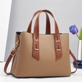Minimalist tote bag with contrasting brown straps and litchi texture for women - Khaki