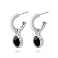 Minimalist silver hoop earrings with round black zircon pendant drops and a high-polish finish - Platinum + Black