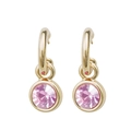 Golden hoop earrings featuring circular pink crystal pendants for a stylish look - Rose Gold + Pale Pink