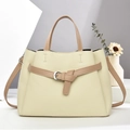 Chic beige and brown multi-layer tote bag with silver buckle and detachable shoulder strap - Off White