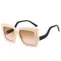 Beige square oversized sunglasses with tea pink gradient lenses and gold hinge detail - Beige Frame Brown Pink Lens