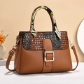 Brown leather handbag with crocodile pattern flap and silk scarf on top handle - 28x11x21cm / Earthy Yellow