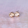 Close-up of 8mm champagne round cubic zirconia stud earrings with silver prong setting - Silver + Champagne