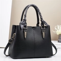Chic black litchi pattern tote bag with decorative silk scarf and adjustable strap - Black