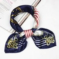 Navy blue square silk scarf with nautical gold anchor and red stripe pattern - 5026 Navy Nautical Style