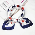Polka dot silk neck scarf in white with navy and red accents tied as a bow - 5025 Red Blue White Polka Dot