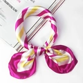 Pink and yellow striped silk square scarf tied in a bow on a white background - 5035 Pink White Yellow Stripe