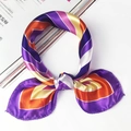 Silk feel square scarf with colorful geometric stripes tied in a stylish bow - 5038 Purple Orange Yellow White Stripe
