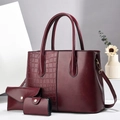 Three-piece burgundy tote bag set with crocodile texture and smooth faux leather finish - Three-Piece Set / Wine Red