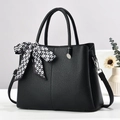 Black lychee leather tote bag with silk scarf decoration and adjustable shoulder strap - Black