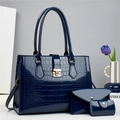 3-piece set of navy blue faux crocodile leather handbags with tote and shoulder straps - Blue