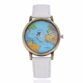 Quartz watch featuring world map dial, aircraft second hand and white leather strap - White
