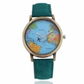 Vintage map watch with airplane second hand and green denim fabric strap on white background - Green