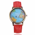 Quartz watch featuring a world map dial, red denim strap, and airplane shaped second hand - Red