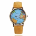 Quartz world map watch with yellow denim fabric strap and vintage airplane theme style - Yellow