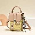 Minimalist square crossbody bag in yellow and khaki with cute bear print and charm - Khaki