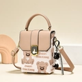 Chic teddy bear canvas satchel with brown leather flap and golden twist lock - Beige