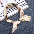 Chic cream small square scarf featuring detailed feather print in silk-like satin fabric - Yellow Pink Feather