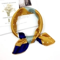 Navy and gold silk square scarf with polka dots and geometric patchwork pattern - Yellow Stripe Polka Dot