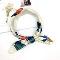 Elegant cream square scarf with colorful parrot and tropical leaf prints, knotted style - Woodpecker White
