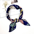 Elegant navy blue silk scarf featuring colorful chain patterns and geometric lines - Belt Navy