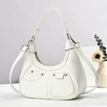 Minimalist ivory half-moon underarm bag with silver rivets and decorative pockets - Off White