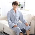 Men's light grey flannel bathrobe with thick wavy texture and comfortable tie waist - M/L / Stripe Grey