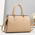 Minimalist beige lychee grain leather tote bag with elegant golden S-shaped buckle detail - Khaki
