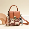 Brown and coffee PU leather crossbody bag with cartoon bear print and golden lock - Khaki/Earth Yellow