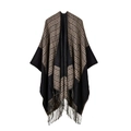 Beige and black jacquard checkered shawl poncho with decorative tassel fringe edges - Coffee Border Square Shawl