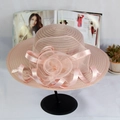 Elegant organza sun hat with large floral decoration in pale pink for wedding parties - M (56-58cm) / Nude Pink