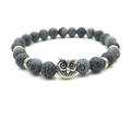 Beaded bracelet with black weathered agate, tiger eye stones, and a silver owl charm - Silver