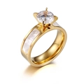 Gold plated titanium couple ring featuring a round CZ stone and white shell inlay detail - Gold Women Style (KR35149-AD)