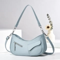 Sac sous le bras croissant bleu clair élégant avec double bandoulière en cuir mat - L27 L5 H25 / Bleu