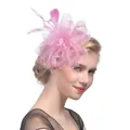 Détail d'un fascinateur de mariée rose avec plumes, voile en résille et perles - Rose