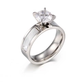 Anillo de acero de titanio pulido con incrustación blanca y un gran circón de cuatro garras - Estilo Color Acero para Mujer (KR35150-AD) / Talla 7