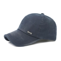 Classic washed cotton baseball cap in navy blue with a rectangular metal brand plate - Metal Side Label Style / Blue