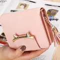 Pink women's short wallet with cat ear metal detail and cute tassel zipper pull - Pink
